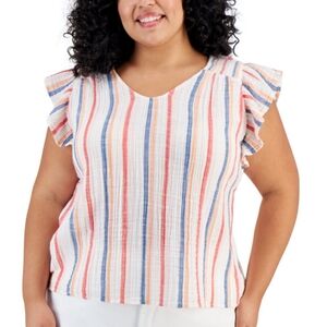 🏷️STYLE&CO Plus Flutter Sleeve Cotton Gauze Multi Stripe Top 2X